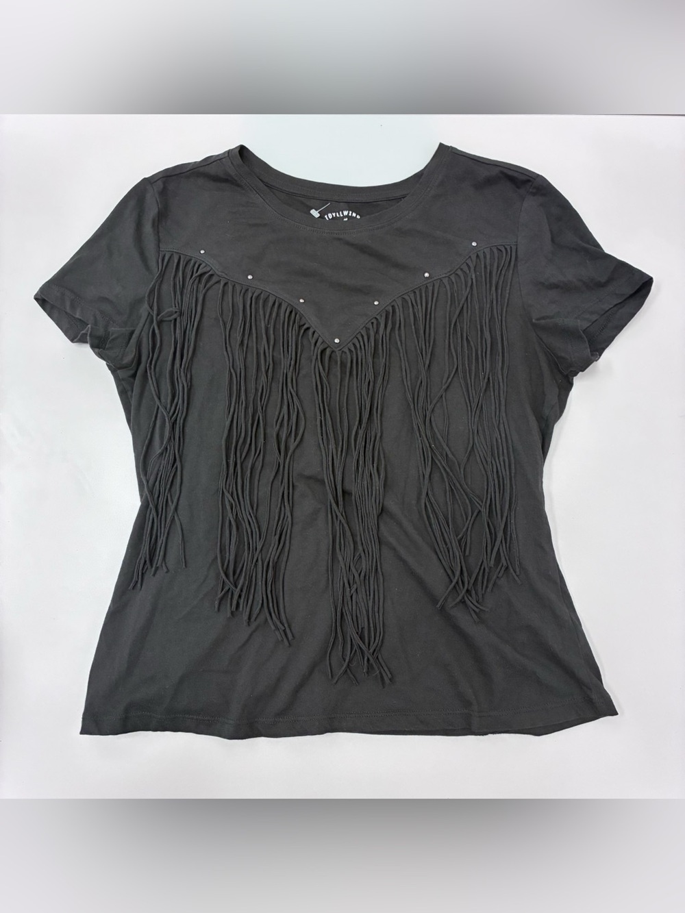 Idyllwind Black Short Sleeve Fringe Tee Shirt Top Western Retro NWOT Sz M